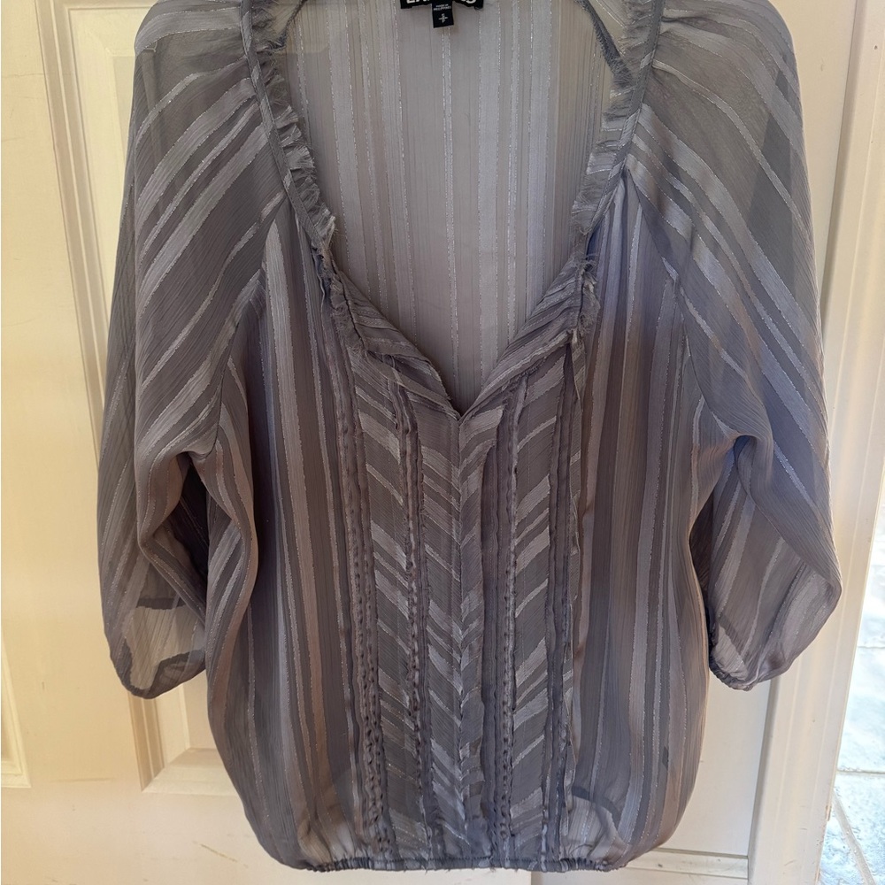 Express Gray Ruched Blouse with 3/4 Sleeves